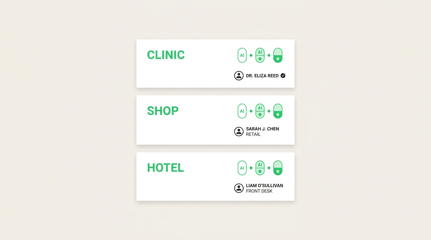 Stacked client cards for clinic, shop, and hotel with AI pills