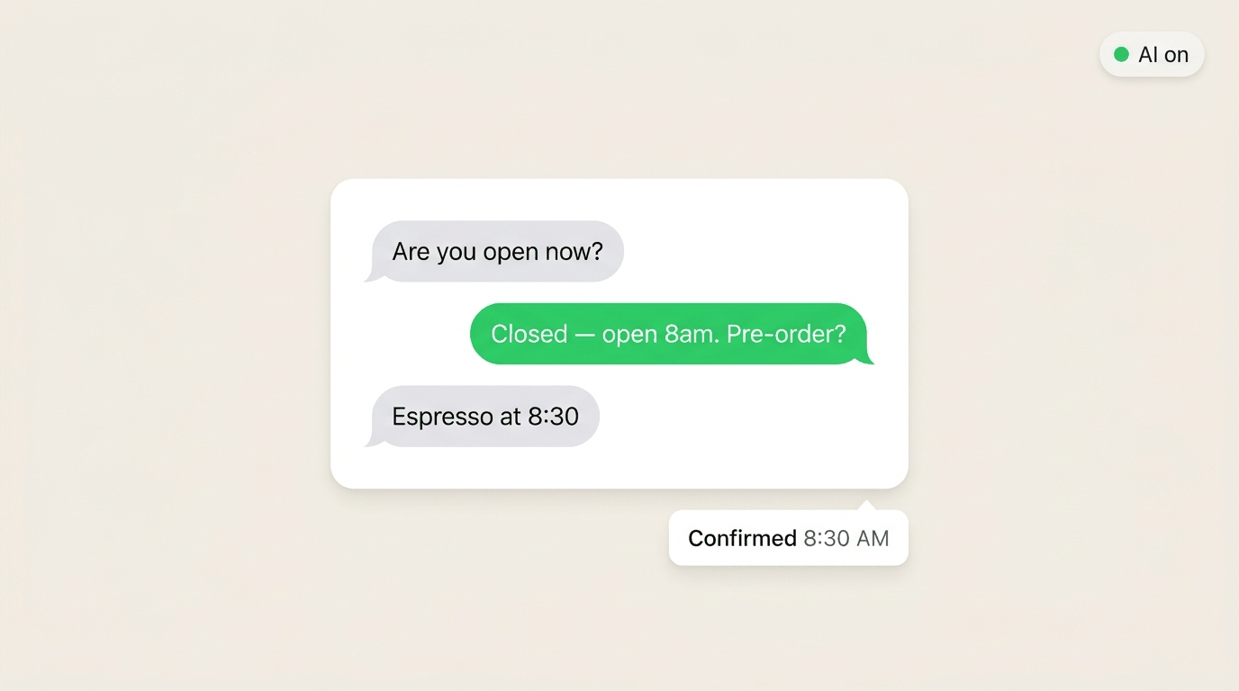 Minimal chat card of an after-hours WhatsApp pre-order with AI on