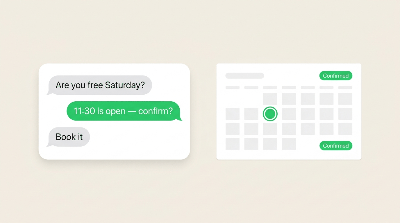 Minimal WhatsApp booking conversation next to a confirmed calendar card