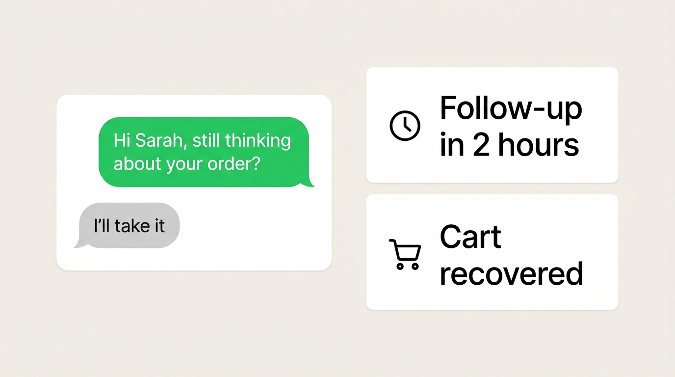 Minimal WhatsApp follow-up conversation with follow-up and cart recovered cards