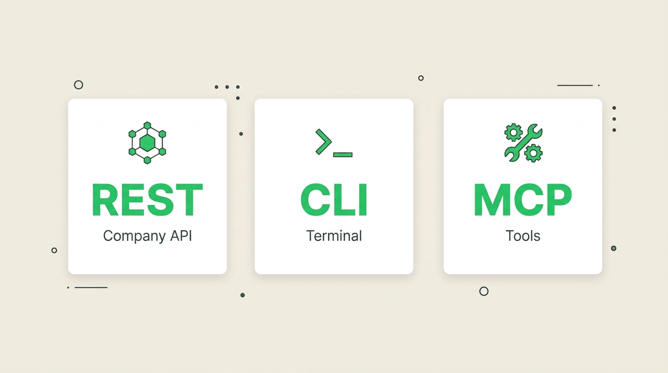 Three feature cards for REST, CLI, and MCP