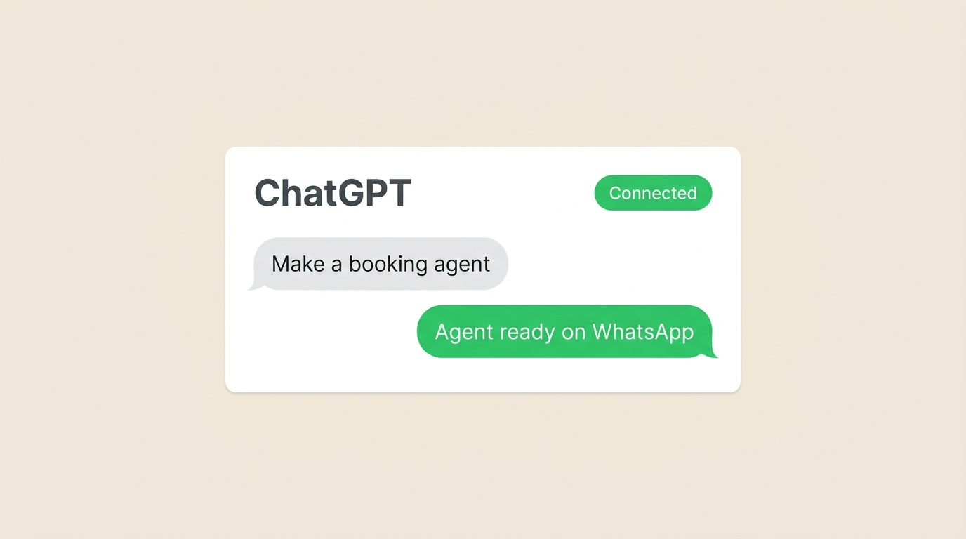 Minimal ChatGPT card showing a booking agent ready on WhatsApp