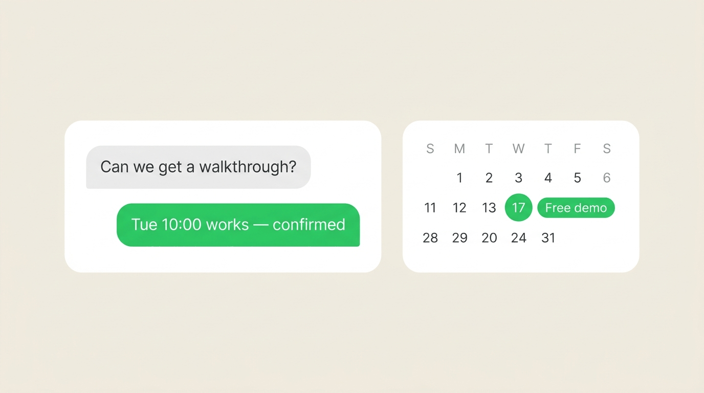 Minimal chat confirming a Tuesday 10:00 free demo next to a calendar card