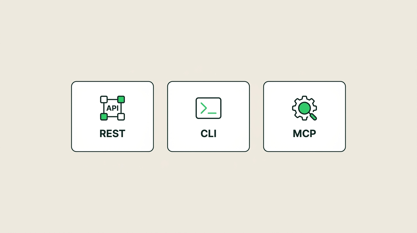 Minimal feature cards for REST, CLI, and MCP
