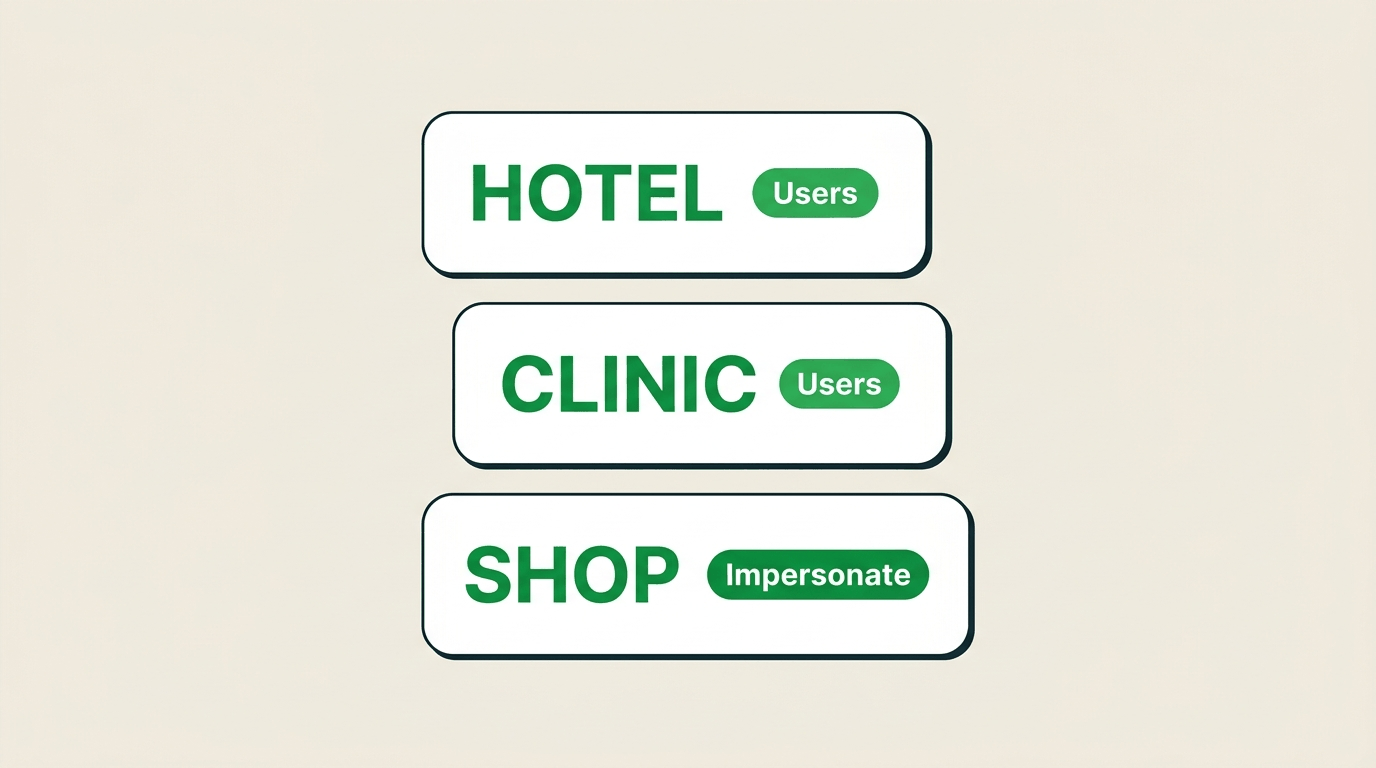 Stacked Hotel, Clinic, and Shop cards with Users and Impersonate pills