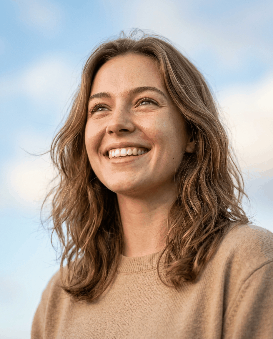 Person looking up with a hopeful smile