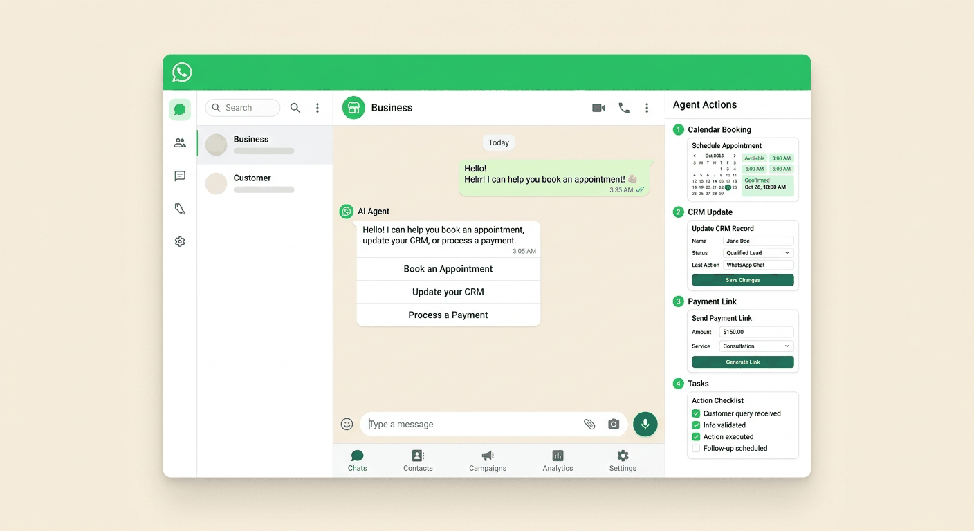 Agent actions panel for calendar booking, CRM updates, payment links, and tasks