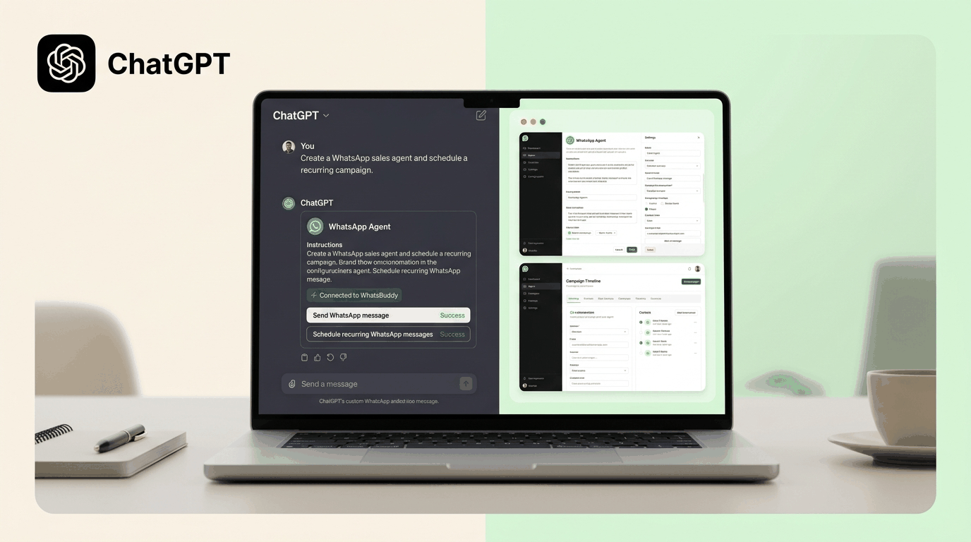 Laptop showing ChatGPT creating a WhatsApp agent connected to WhatsBuddy