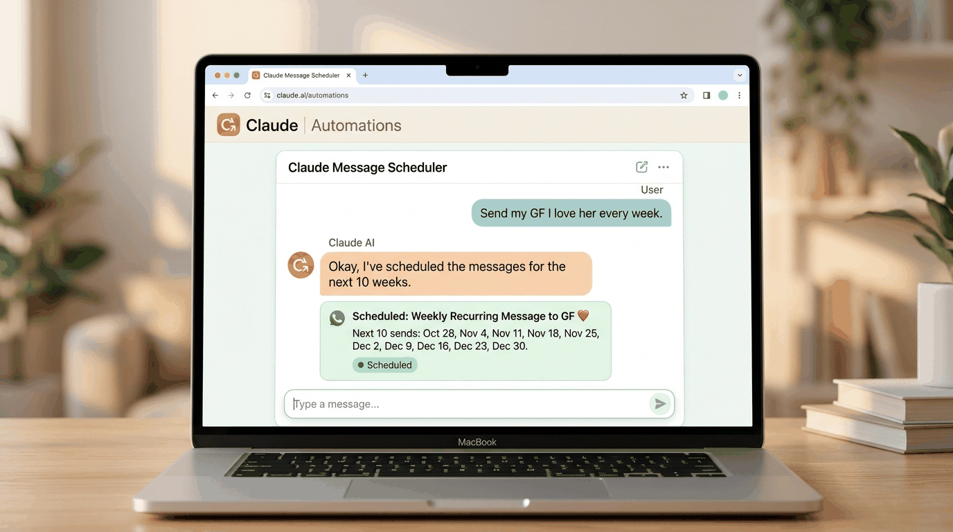 Claude chat scheduling a weekly WhatsApp I love her message for the next 10 weeks