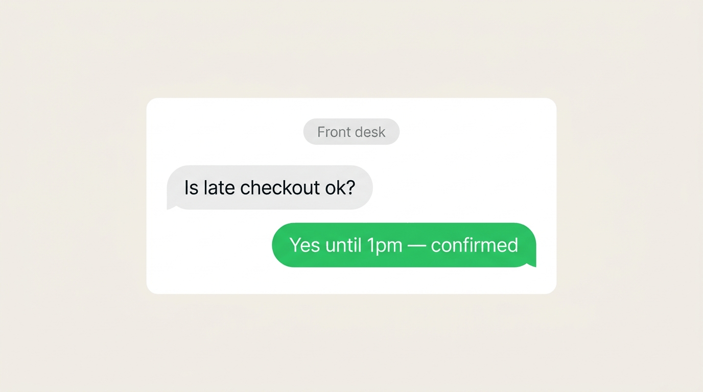 Minimal WhatsApp card confirming late checkout with a Front desk pill