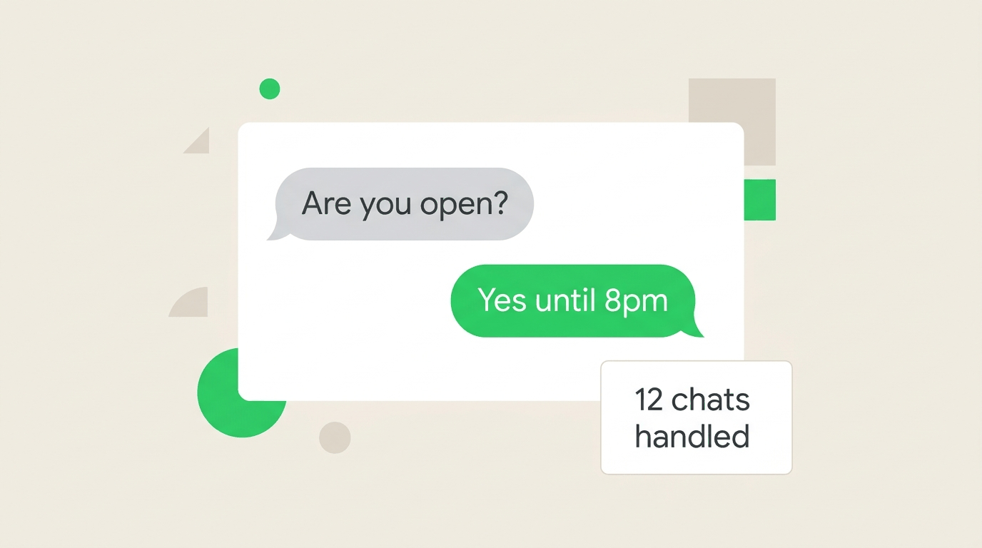 Minimal WhatsApp card answering opening hours with chats handled