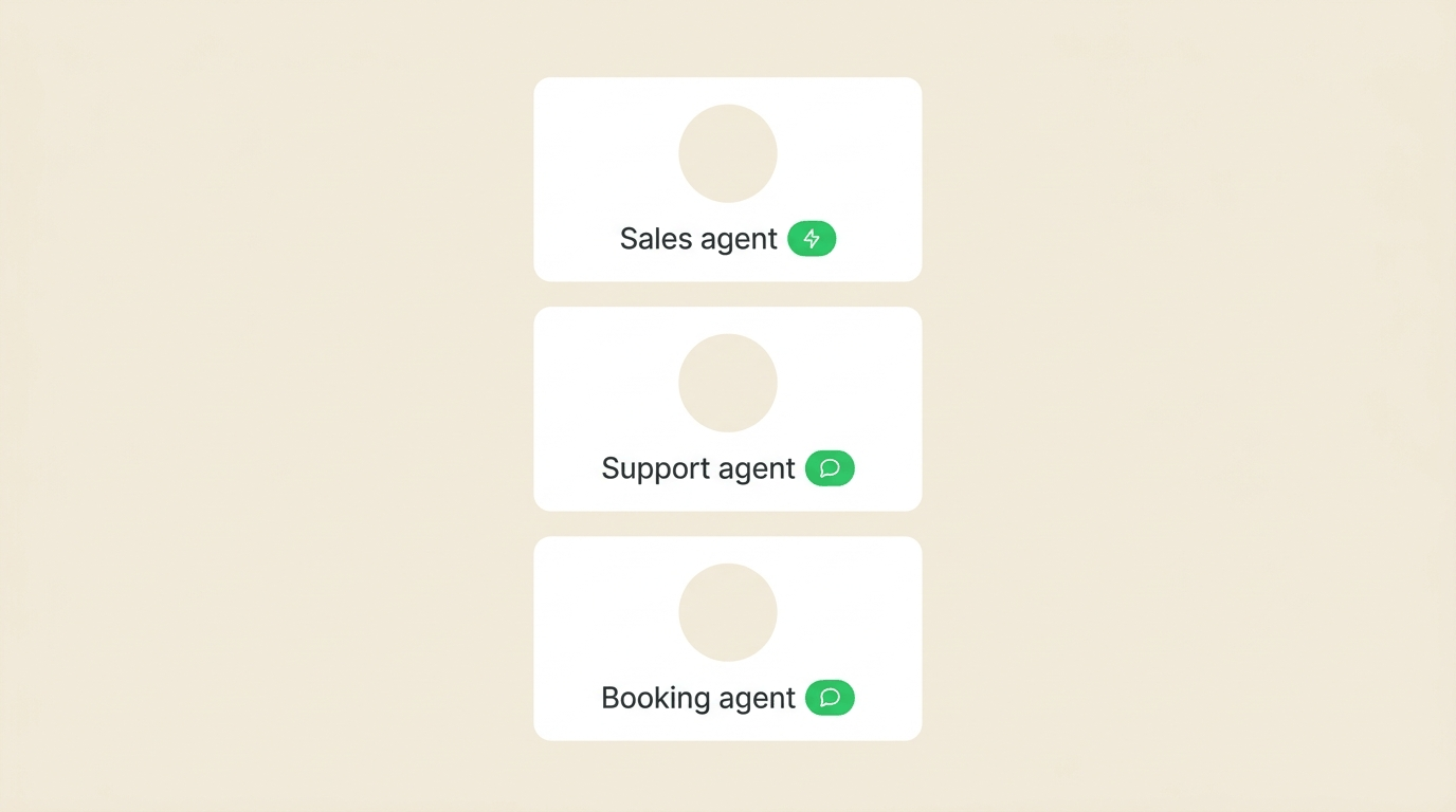 Three agent feature cards for sales, support, and booking