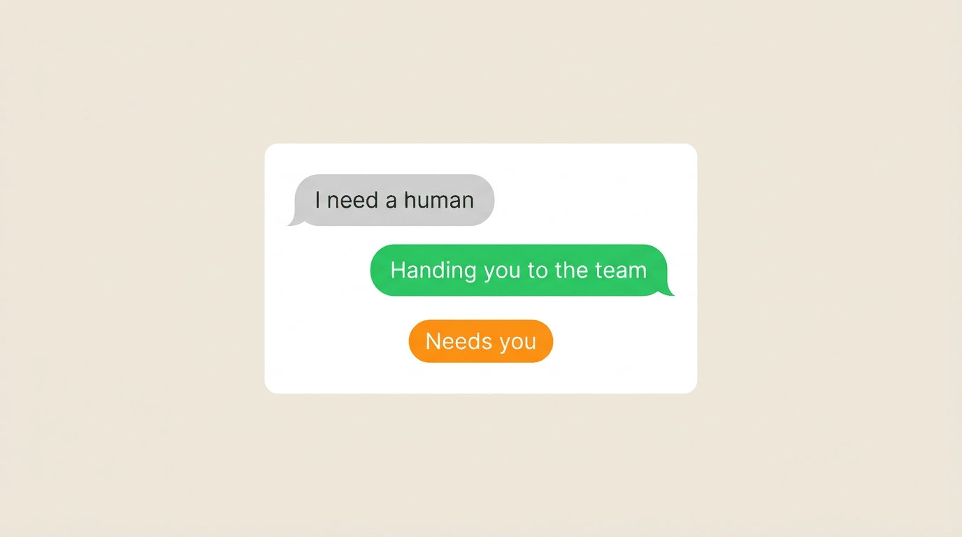 Minimal chat handing a customer to the team with a Needs you pill